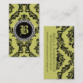 311モスグリーンの黒のダマスク織のモノグラムの花 名刺 (正面/裏面)