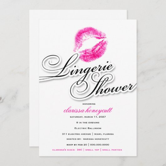 311ランジェリーのシャワー-ピンクのキス 招待状 (正面/裏面)