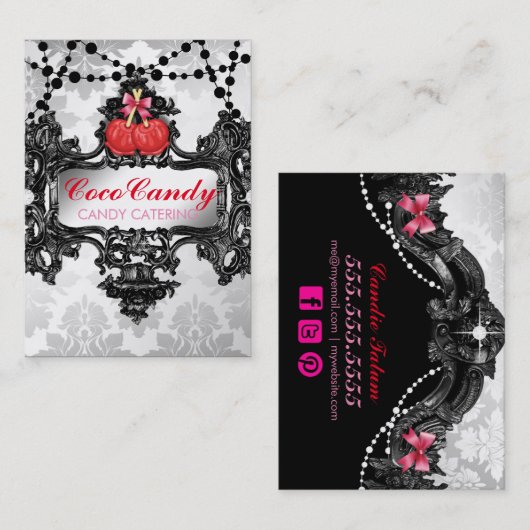 311リンゴ飴の不思議の国の白のダマスク織 名刺 (正面/裏面)