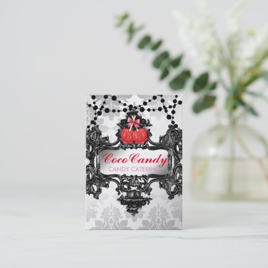 311リンゴ飴の不思議の国の白のダマスク織 名刺 (スタンド正面)