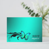 311光沢がある蝶青緑RSVP 出欠カード (スタンド正面)
