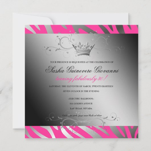 311夜シマウマのきらめくの黒の弓ショッキングピンク| 30 招待状 (裏面)