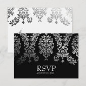 311熱血なダマスク織の黒のフェイクな銀RSVP 出欠カード (正面/裏面)