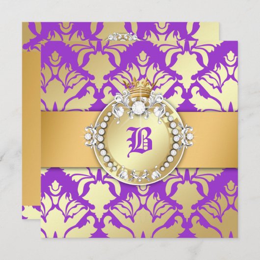 311王室のなダマスク織のきらめくの女王のSweet sixteen 招待状 (正面/裏面)