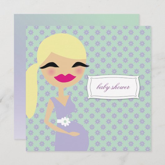 311甘い妊娠したお母さんの花柄-ブロンドの女性 招待状 (正面/裏面)