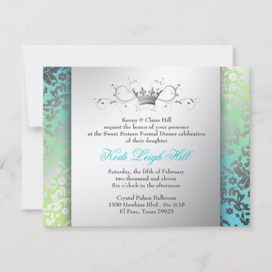 311眩ますダマスク織のターコイズ及びライムの黒 招待状 (正面)