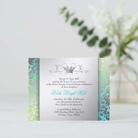 311眩ますダマスク織のターコイズ及びライムの黒 招待状 (スタンド正面)