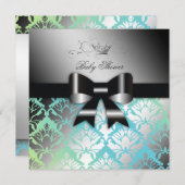 311-ダマスクきらめくブラックボウタークライムベビーシャワー 招待状 (正面/裏面)