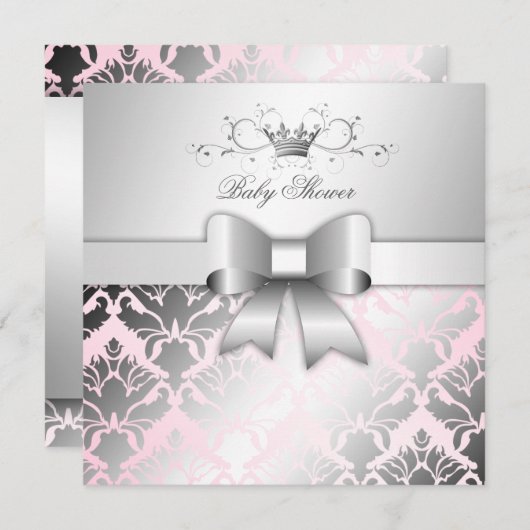311-ダマスクきらめくボウピン大切クベビーシャワー 招待状 (正面/裏面)