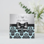 311 ブラックベリー ブルー ダマスク ブラック ボウ | ベビーシャワー 招待状 (スタンド正面)
