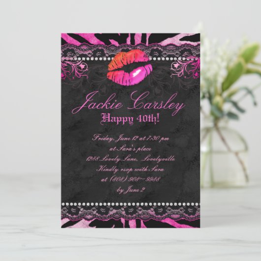 311 ラレース ダイヤモンド バースデーパーティ ゼブラ ピンクの唇 招待状 (スタンド正面)