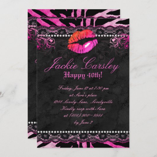 311 ラレース ダイヤモンド バースデーパーティ ゼブラ ピンクの唇 招待状 (正面/裏面)