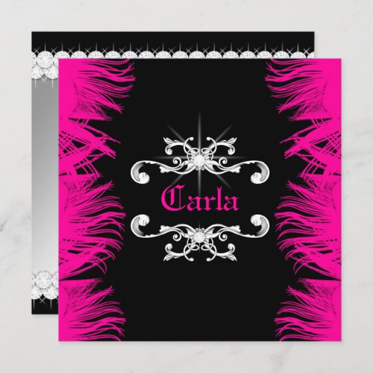 311 Diamond Luxe Hot Pink Feathers 招待状 (正面/裏面)