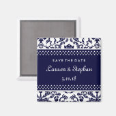 311-Lauren Damask Save the Date Navy マグネット (正面/裏面)