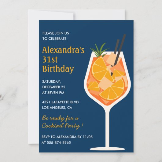 31st birthday invitations Cocktail Elegant Navy 招待状 (正面)