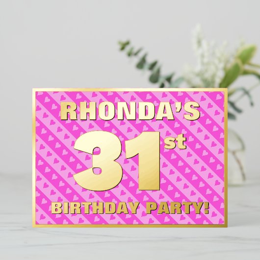 31th Birthday Party —おもしろいピンクのハートとストライプ 箔招待状 (立ち正面)