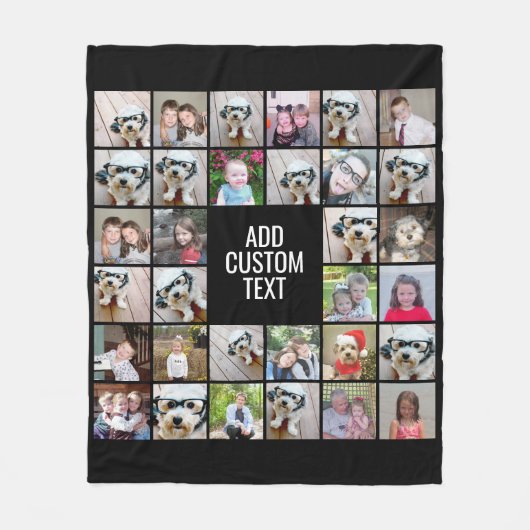 32フォトコラージュモダンスクエアブラック – 白文字 フリースブランケット (正面)
