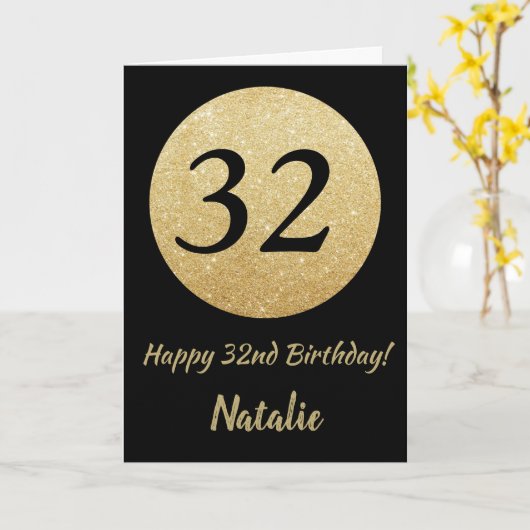 32台目の誕生日ブラックと金ゴールドグリッターカード カード (黄色い花)