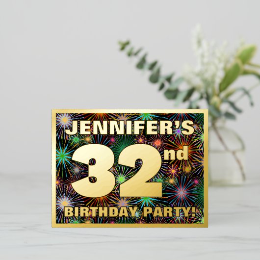 32回目の誕生日パーティはっきりした:, Fireworks カラフル Look 箔招待状ポストカード (立ち正面)