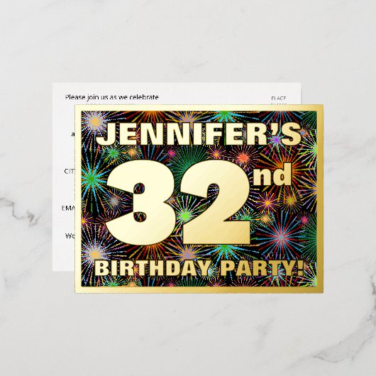 32回目の誕生日パーティはっきりした:, Fireworks カラフル Look 箔招待状ポストカード (正面/裏面)