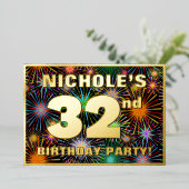 32回目の誕生日パーティー – おもしろいカラフル、Fireworks Look 箔招待状 (立ち正面)