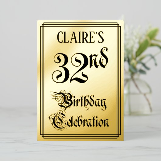 32回目の誕生日パーティー – エレガントスクリプト+名前をカスタムする 箔招待状 (立ち正面)
