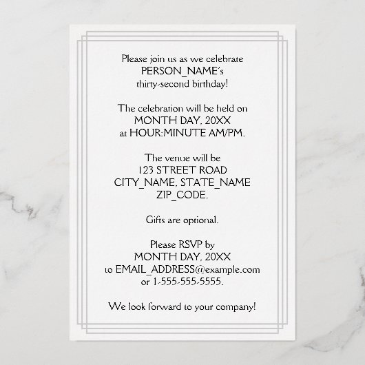 32回目の誕生日パーティー – エレガントスクリプト+名前をカスタムする 箔招待状 (裏面)