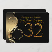 32日，誕生日招待状，数値グリッター金ゴールド，写真 招待状 (正面/裏面)
