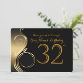 32日，誕生日招待状，数値グリッター金ゴールド，写真 招待状 (スタンド正面)