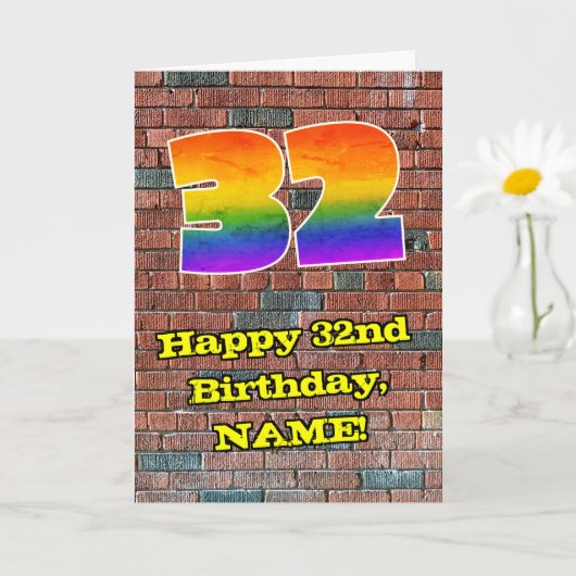 32歳の誕生日おめでとう グラフィティ風レインボー32 カード (小さな植物)
