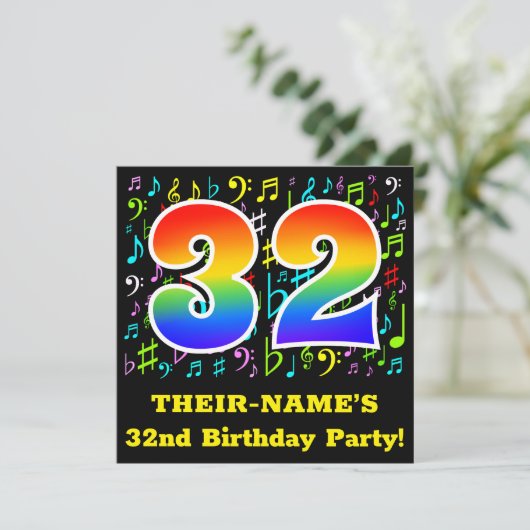 32歳の誕生日パーティー:おもしろいミュージックシンボル,レインボー32 招待状 (スタンド正面)