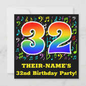 32歳の誕生日パーティー：おもしろいミュージックシンボル，レインボー32 招待状 (正面)