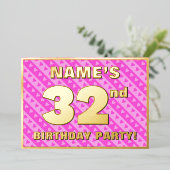32歳の誕生日パーティー - 遊び心のあるピンクのハートとストライプ 箔招待状 (立ち正面)
