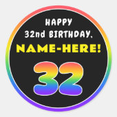 32番目の誕生日カラフル: Rainbow # 32、名前をカスタムする ラウンドシール (正面)