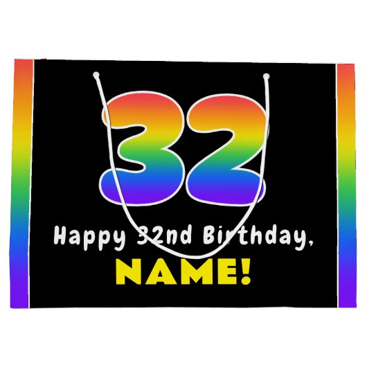 32番目の誕生日カラフル: Rainbow # 32、名前をカスタムする ラージペーパーバッグ (裏面)