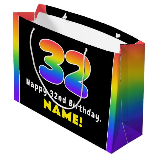 32番目の誕生日カラフル: Rainbow # 32、名前をカスタムする ラージペーパーバッグ (裏面アングル)
