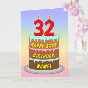 32番目の誕生日—おもしろいケーキとキャンドル、名前をカスタムする付き カード