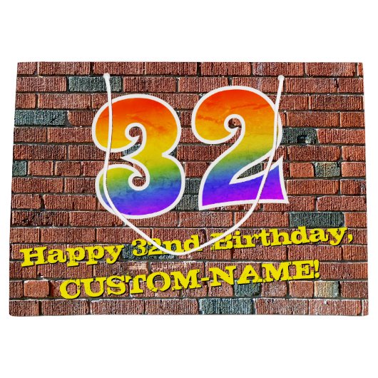 32番目の誕生日:おもしろい、インスパイアグラフィティ・レインボー# 32 ラージペーパーバッグ (正面)