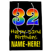 32番目の誕生日:はっきりしたおもしろい、カラフル、レインボー"32" ミディアムペーパーバッグ (正面)