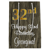 32番目の誕生日:エレガントフェイク金ゴールドルック#、フェイクWood ミディアムペーパーバッグ (裏面)