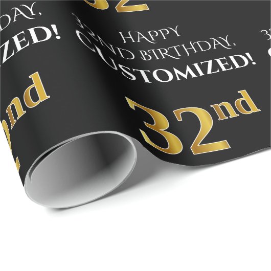 32番目の誕生日: エレガント、黒、フェイク金ゴールド ラッピングペーパー (ロールコーナー)