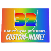 32番目の誕生日: カラフル、おもしろいレインボーパターン# 32 ラージペーパーバッグ (正面)