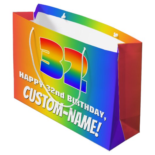 32番目の誕生日: カラフル、おもしろいレインボーパターン# 32 ラージペーパーバッグ (裏面アングル)