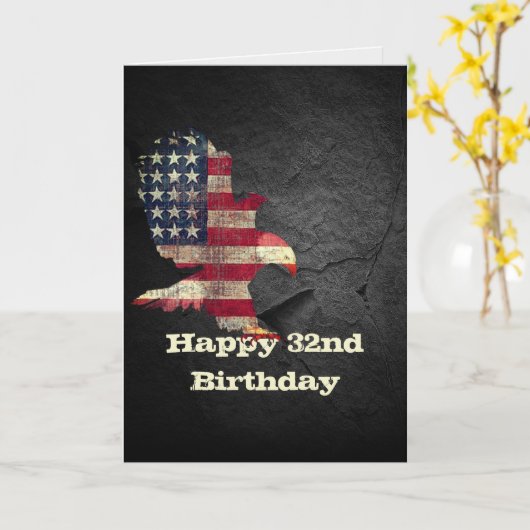 32番目の誕生日・カード用の国旗とハゲ・イーグル カード (黄色い花)