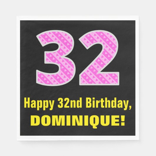 32番目の誕生日：ピンクストライプのハートと「32」 +名前 スタンダードランチョンナプキン (正面)