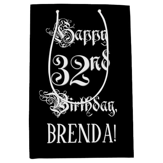 32番目の誕生日: ファンシー、スクリプエレガントト+名前をカスタムする ミディアムペーパーバッグ (正面)