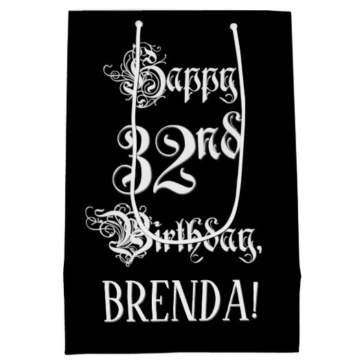 32番目の誕生日: ファンシー、スクリプエレガントト+名前をカスタムする ミディアムペーパーバッグ (裏面)