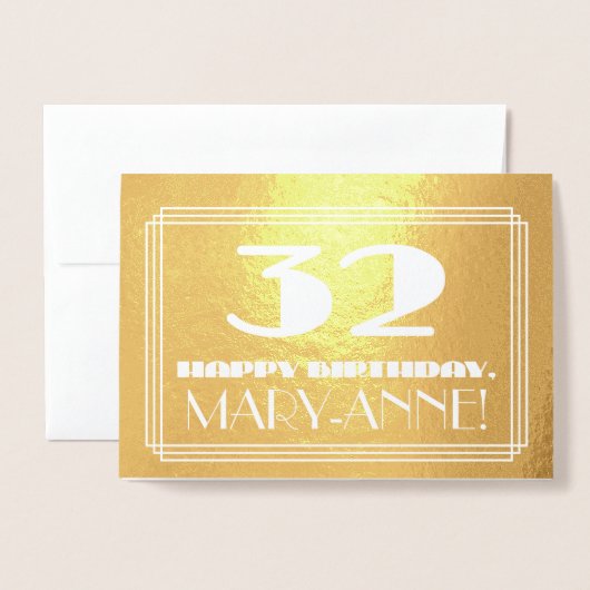 32番目の誕生日:名前+インスパイアアールデコ検索"32" 箔カード (封筒付き正面)