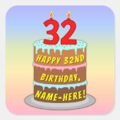 32誕生日:おもしろいケーキとキャンドル+名前をカスタムする スクエアシール (正面)