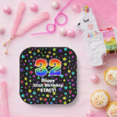 32誕生日:おもしろいスター柄と虹"32" ペーパープレート (パーティー)